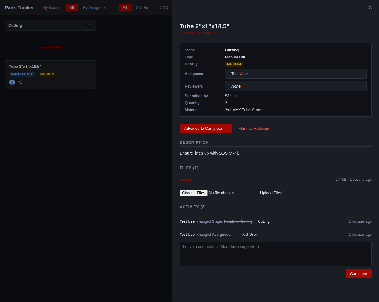 The detail panel showing a file uploaded and activity entries for stage and assignee changes