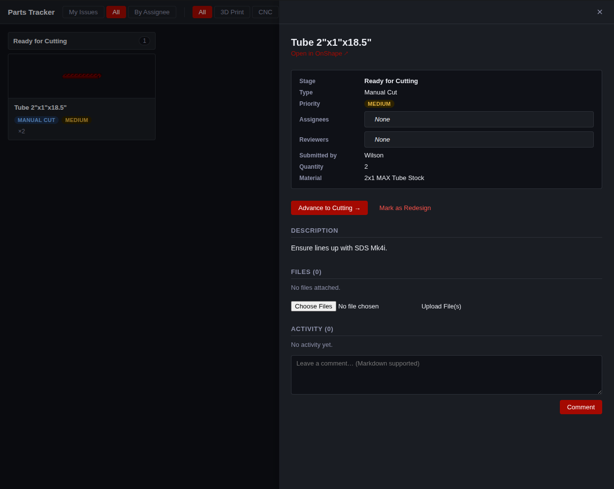 The detail panel showing part metadata and the Advance to Cutting button