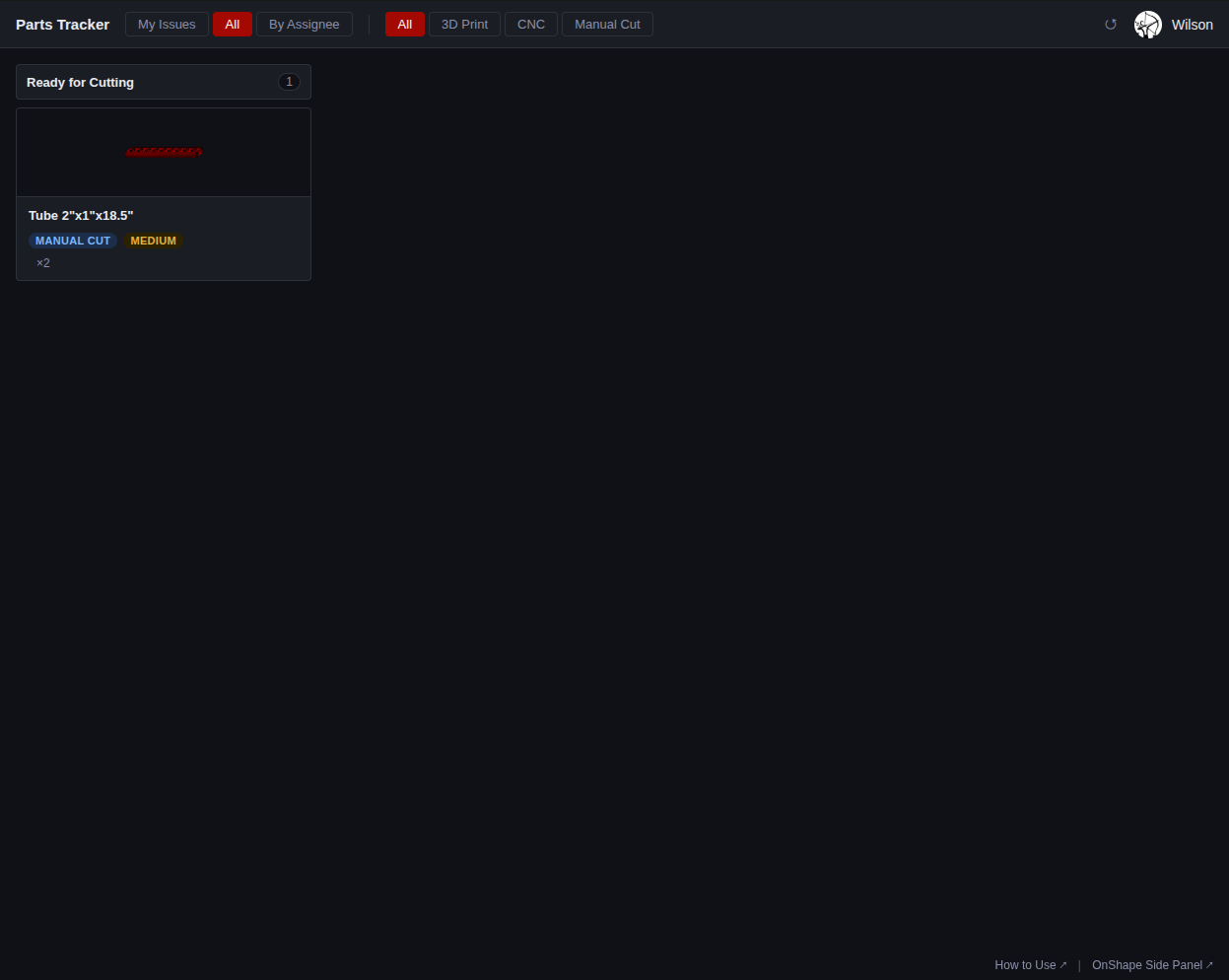 The Parts Tracker board in All view showing a card in the Ready for Cutting column
