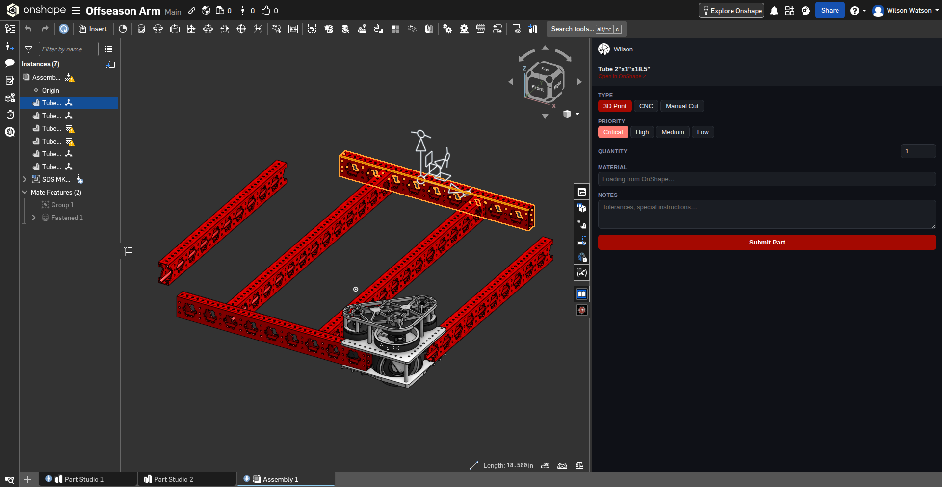 A part highlighted in the OnShape viewport with its name shown in the side panel