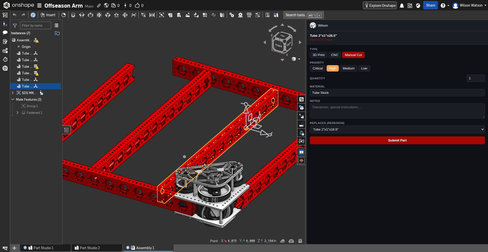 The OnShape side panel showing the Replaces dropdown with a part selected