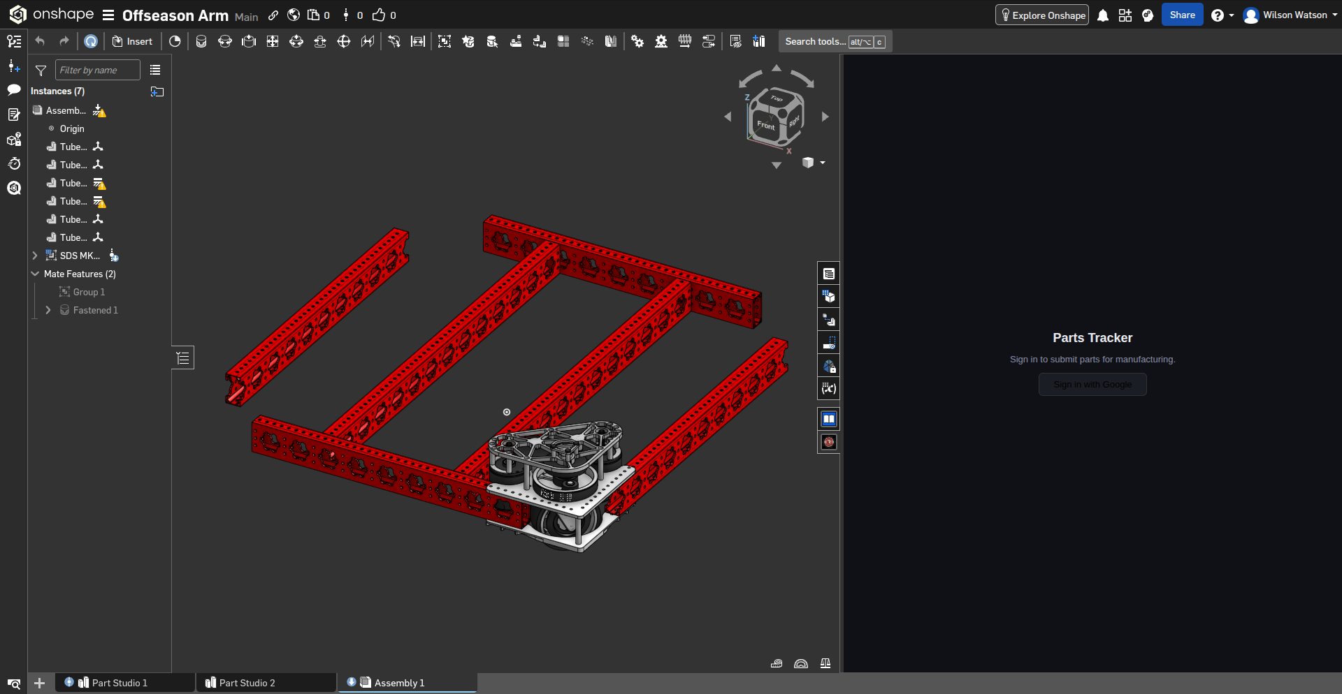 OnShape assembly with the Parts Tracker side panel open showing the sign-in screen